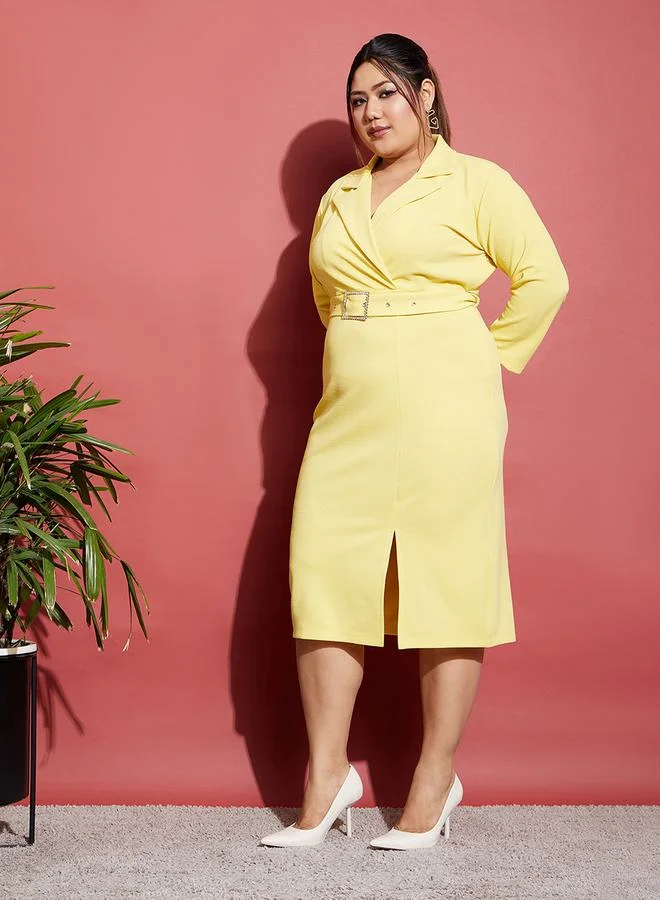 ساسافراس Notch Collar Belted Bodycon Midi Dress by Styli