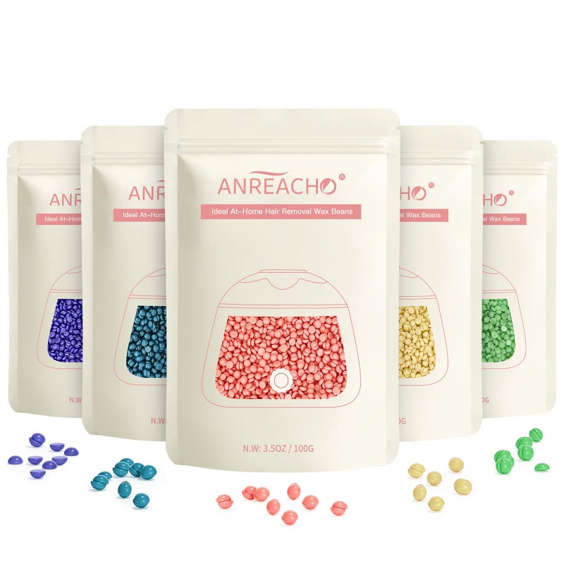 ANREACHO Wax Beads, Anreacho 1.1 lb Hard Wax Beans for Hair Removal, Brazilian, Bikini, Face, Eyebrows, Underarms, Chest, Back, Legs, Wax Refill for Women & Men, Pack of 5 - Image 1