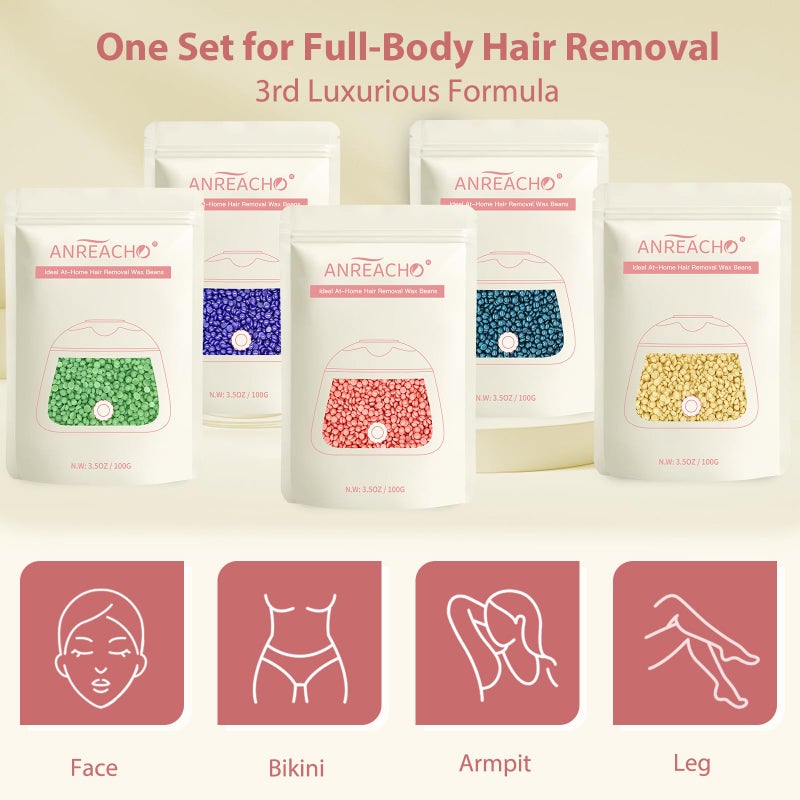 ANREACHO Wax Beads, Anreacho 1.1 lb Hard Wax Beans for Hair Removal, Brazilian, Bikini, Face, Eyebrows, Underarms, Chest, Back, Legs, Wax Refill for Women & Men, Pack of 5 - Image 4