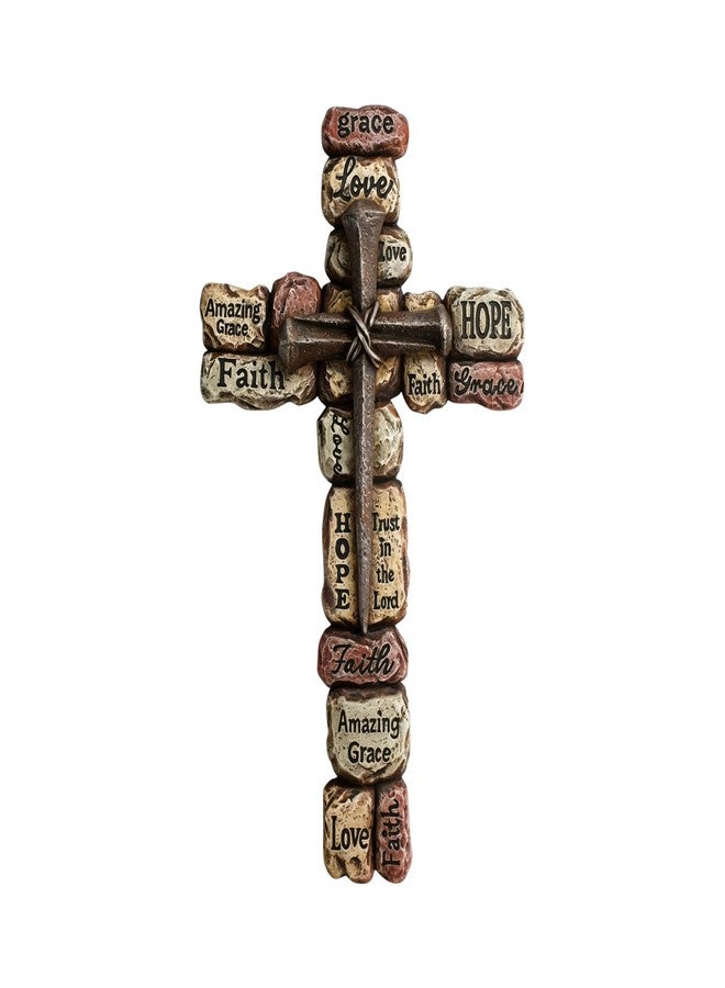 Comfy Hour 12" Wall Cross for Home Decor, Decorative Stacked Stone Religious Plaque with Inspirational Words, Artisan Crafted Nail Design Cross Wall Art, Faith Hope Love Grace Sculpture, 1 Unit - Image 1