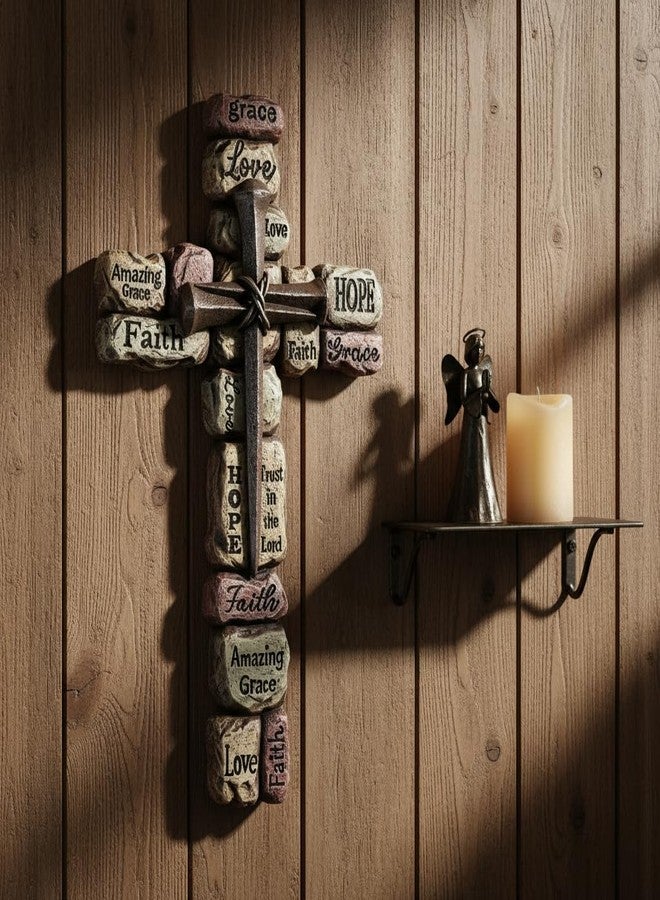 Comfy Hour 12" Wall Cross for Home Decor, Decorative Stacked Stone Religious Plaque with Inspirational Words, Artisan Crafted Nail Design Cross Wall Art, Faith Hope Love Grace Sculpture, 1 Unit - Image 5