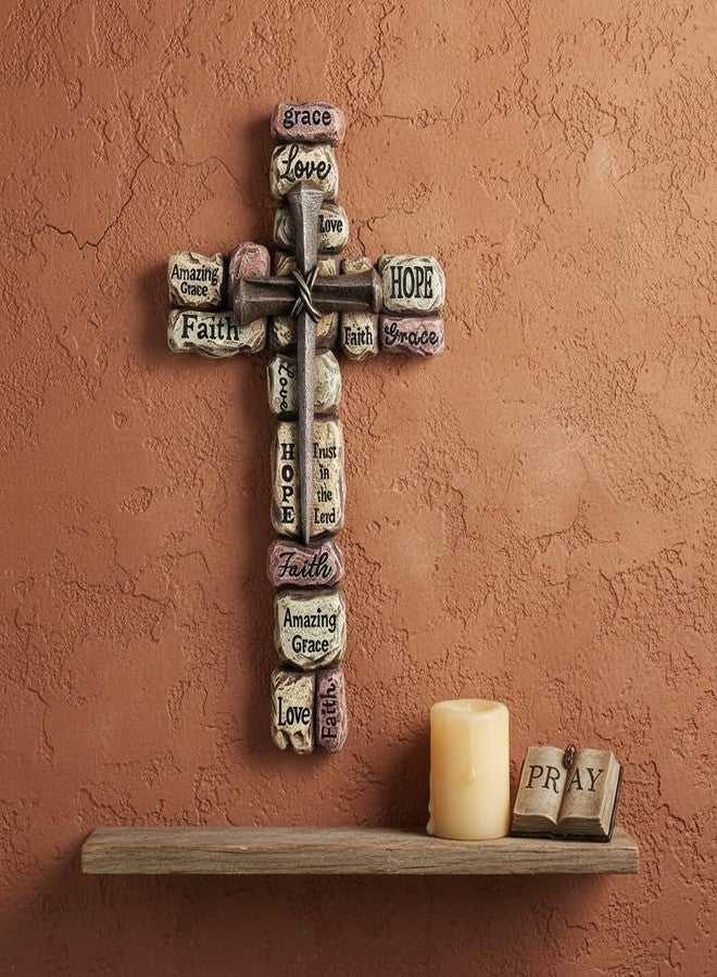 Comfy Hour 12" Wall Cross for Home Decor, Decorative Stacked Stone Religious Plaque with Inspirational Words, Artisan Crafted Nail Design Cross Wall Art, Faith Hope Love Grace Sculpture, 1 Unit - Image 4