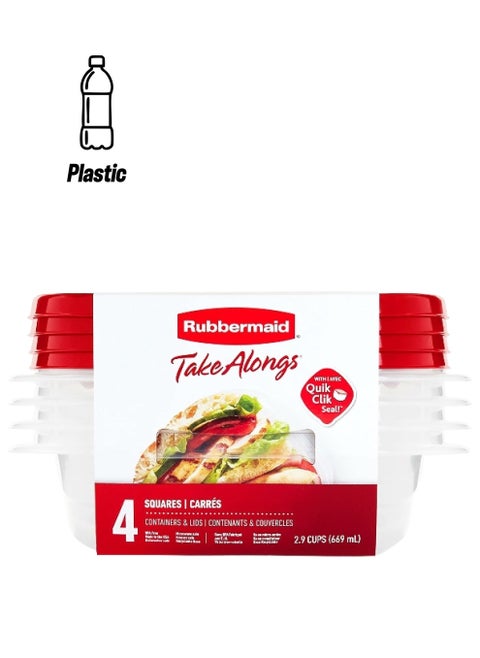 4-Piece Durable Plastic Square Shaped BPA Free Food Storage Set Red and Clear 16 x 10 x 18 cm 1832522