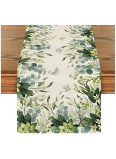 Excefore Green Flowers Floral Eucalyptus Summer Table Runner, Seasonal Spring Kitchen Dining Table Decoration for Home Party Decor 13x72 inch  - Image 1