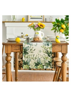 Excefore Green Flowers Floral Eucalyptus Summer Table Runner, Seasonal Spring Kitchen Dining Table Decoration for Home Party Decor 13x72 inch  - Image 3