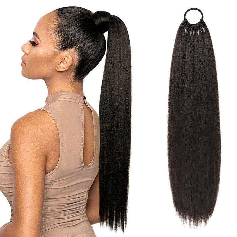 Flufymooz 28 Inch Ponytail Extension Versatile Elastic Band Ponytail Extension for Women Long Straight Synthetic Ponytail Daily Hair Black Brown