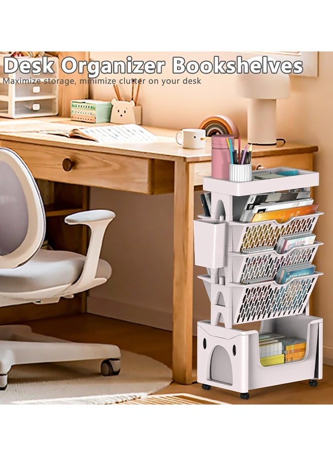 HQ-GAMING - 5 Tier Mobile Bookshelf Storage Cart with Wheels, Removable Bookcase Organizer, Desk File Organizer, Rolling Utility Organizer Cart Bookshelf for Kids Students Study in School Classroom Home (White) - Image 1