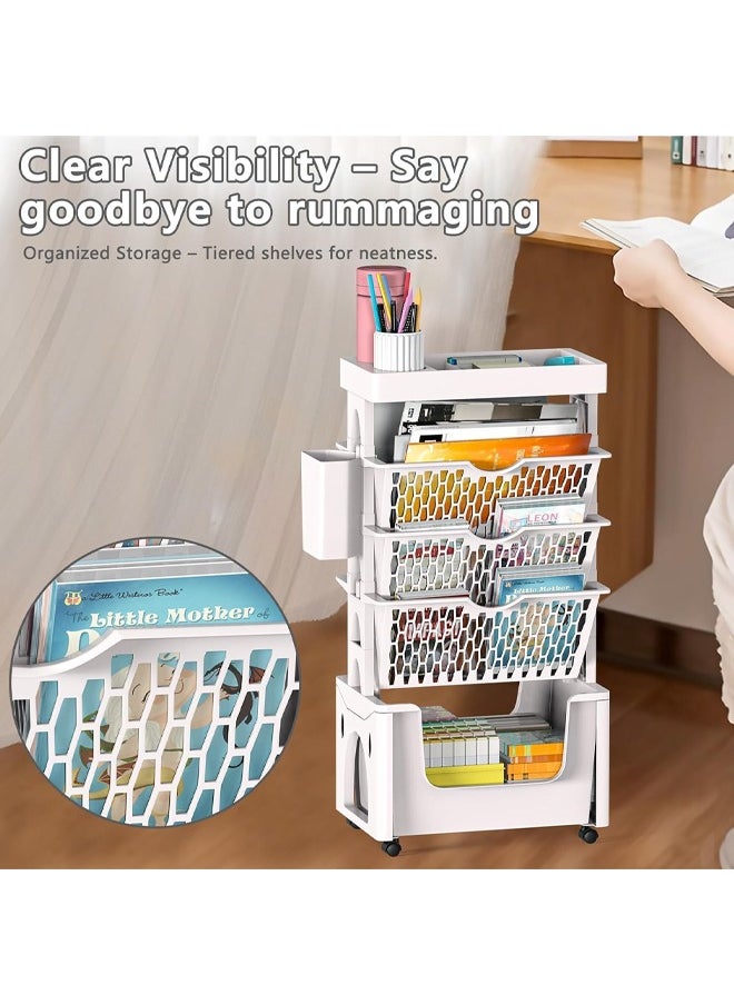 HQ-GAMING - 5 Tier Mobile Bookshelf Storage Cart with Wheels, Removable Bookcase Organizer, Desk File Organizer, Rolling Utility Organizer Cart Bookshelf for Kids Students Study in School Classroom Home (White) - Image 1