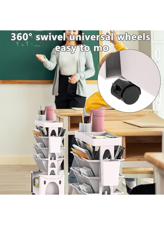 HQ-GAMING - 5 Tier Mobile Bookshelf Storage Cart with Wheels, Removable Bookcase Organizer, Desk File Organizer, Rolling Utility Organizer Cart Bookshelf for Kids Students Study in School Classroom Home (White) - Image 1