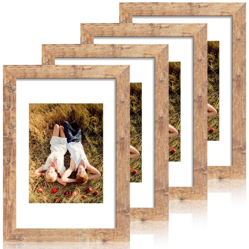 iRahmen 8x12 Picture Frame Set of 4 with High Definition Real Glass, Display 6x8 Pictures with Mat or 8 x 12 Without Mat, Rustic Brown Wood Photo Frames for Tabletop and Wall Mounting - Image 1