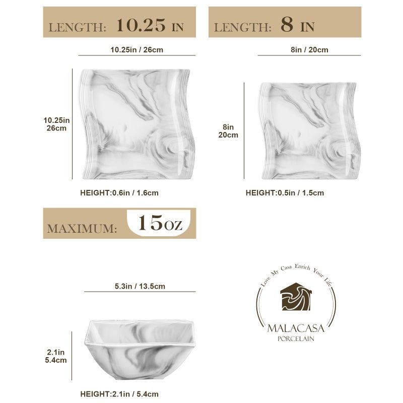 MALACASA Plates and Bowls Set, 12-Piece Modern Porcelain Dinnerware for 4, Marble Square Ceramic Dish Set, Microwave and Dishwasher Safe, Flora Series - Image 2
