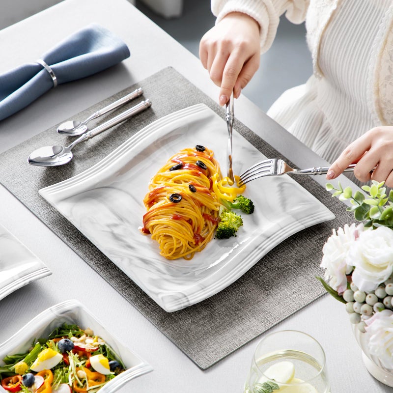 MALACASA Plates and Bowls Set, 12-Piece Modern Porcelain Dinnerware for 4, Marble Square Ceramic Dish Set, Microwave and Dishwasher Safe, Flora Series - Image 5