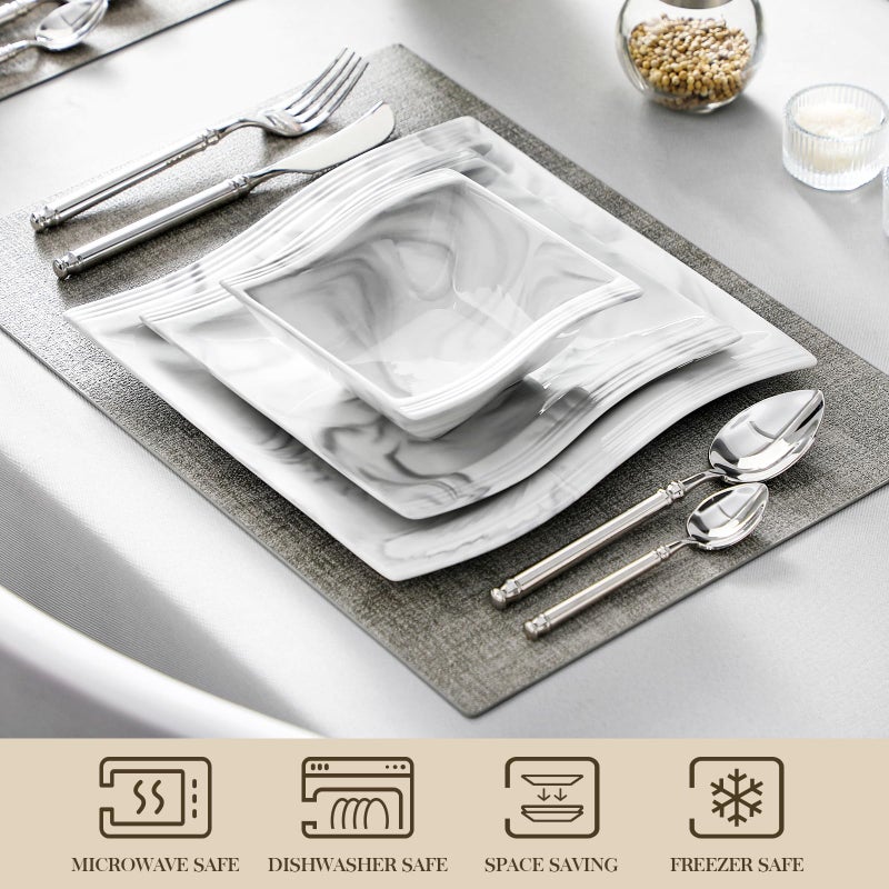 MALACASA Plates and Bowls Set, 12-Piece Modern Porcelain Dinnerware for 4, Marble Square Ceramic Dish Set, Microwave and Dishwasher Safe, Flora Series - Image 4