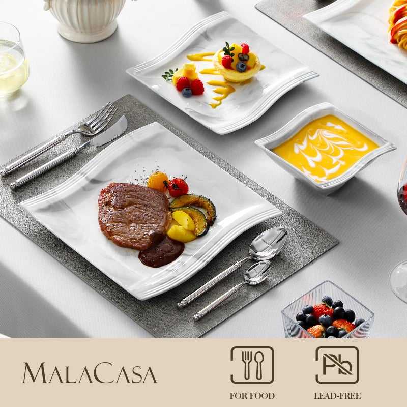 MALACASA Plates and Bowls Set, 12-Piece Modern Porcelain Dinnerware for 4, Marble Square Ceramic Dish Set, Microwave and Dishwasher Safe, Flora Series - Image 3