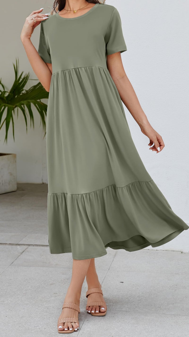 Jeqeocafy Summer Dresses for Women Flowy Maxi Sundress Short Sleeve Tiered Beach Dress with Pockets 2026 Vacation Travel Army Green - Image 5