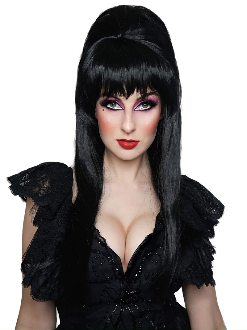 ALLAURA Mistress of the Dark Black Wig Black Beehive Wig for Witches Vampires Halloween Queens