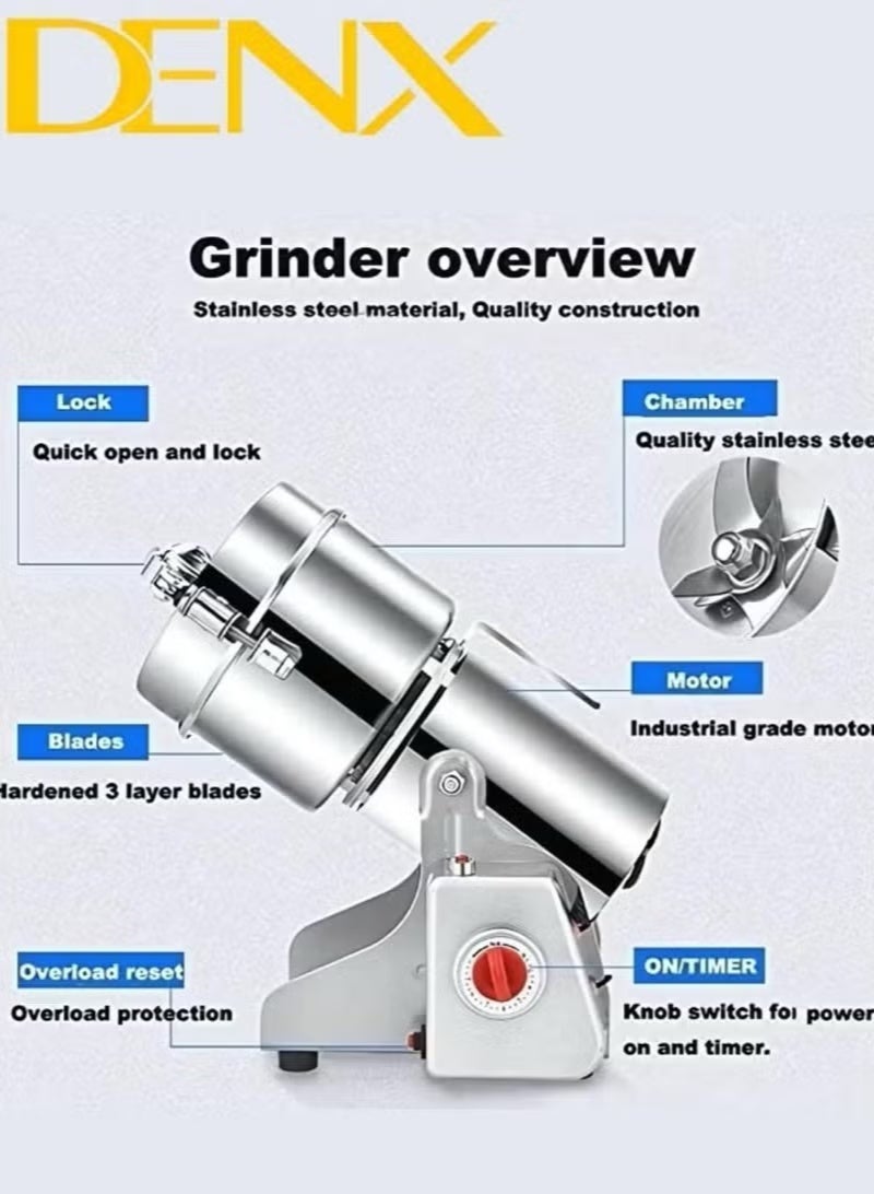 Denx Coffee Grinder Food Grinder Stainless Steel Blade Electric Grinding Machine Large Capacity Silver 800g 3000W Grinder - Image 3