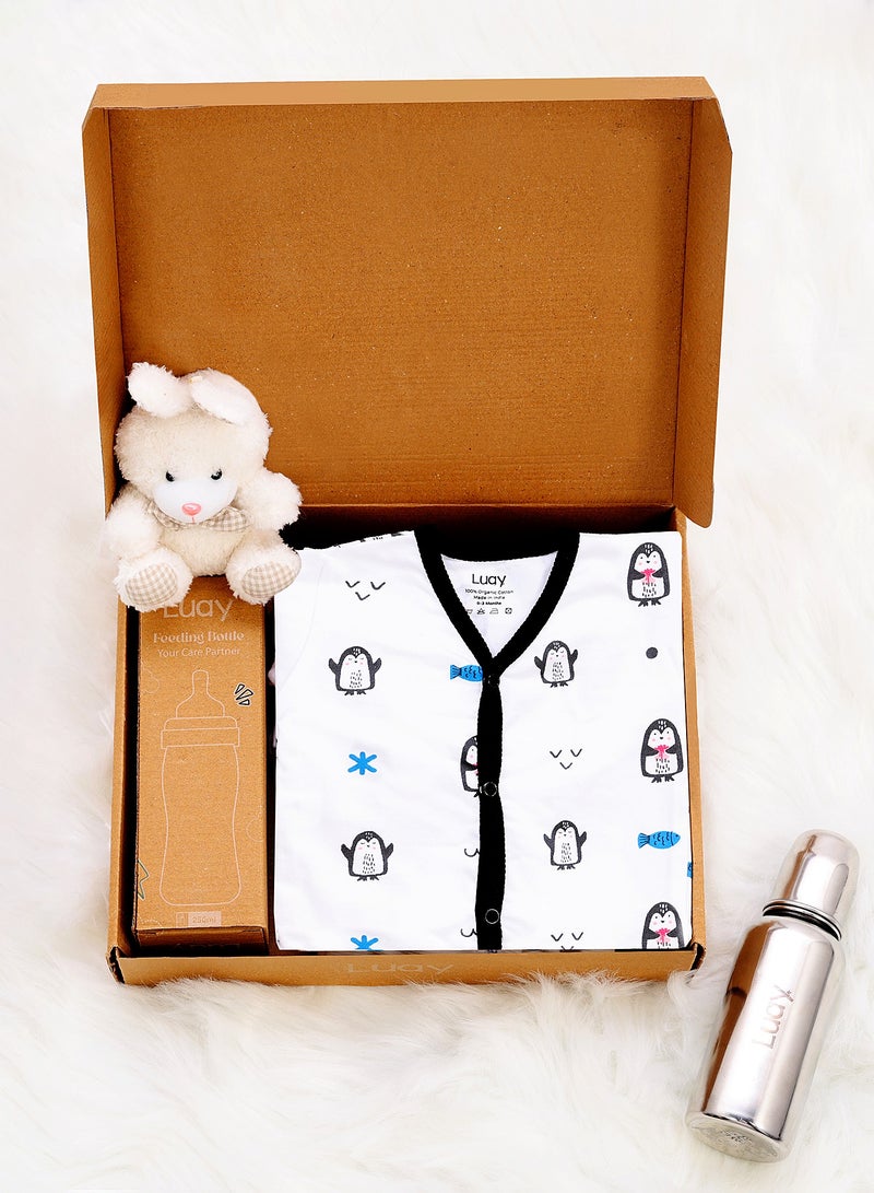 LUAY Premium Gift Box Set with The Baby Romper, Baby Feeding Bottle and Teddy Bear Best Hamper for Babies - Image 1