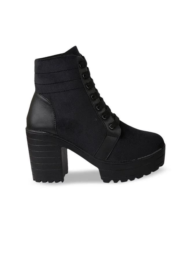 شوتوبيا Shoetopia Stylish  Women's Lace-Up Heel Fashionable Trendy Boots || Comfortable Ankle Length Suede & Leatherette Boots with Chunky Block Heel