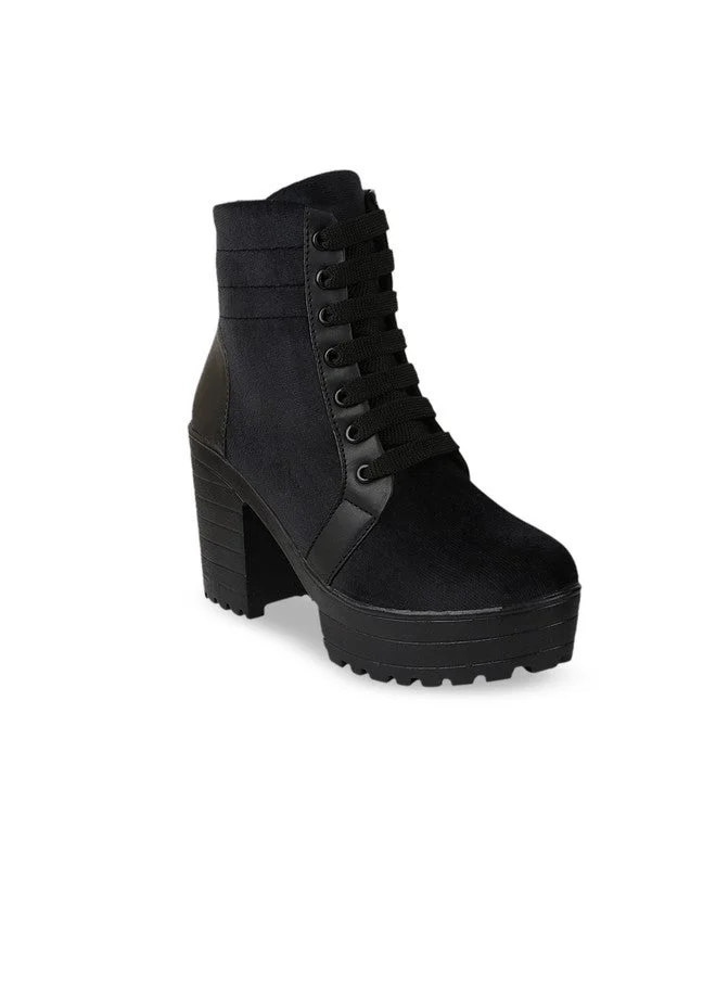 شوتوبيا Shoetopia Stylish  Women's Lace-Up Heel Fashionable Trendy Boots || Comfortable Ankle Length Suede & Leatherette Boots with Chunky Block Heel