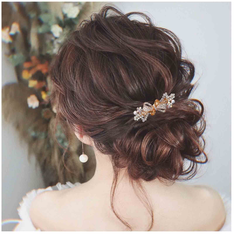 Yheakne Pearl Crystal Wedding Hair Clip Barrette Gold Rhinestone Hair Barrette Bling Bridal Headpieces Decorative Head Clip Headwear Crystal Hair Clip Comb Bride Hair Accessories for Women and Girls Gifts Champagne 2