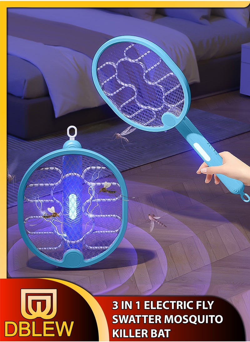 3 In 1 Foldable Handheld Electric Fly Swatter Mosquito Killer Bat Automatic Wall Hanging Mosquitoes Trap Lamp Racket Rechargeable Tabletop Bug Zapper With Grid Mesh for Home and Outdoor Pest Control