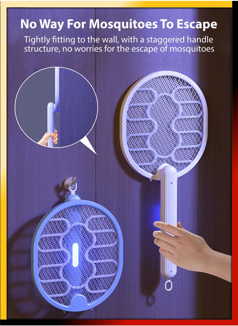 3 In 1 Foldable Handheld Electric Fly Swatter Mosquito Killer Bat Automatic Wall Hanging Mosquitoes Trap Lamp Racket Rechargeable Tabletop Bug Zapper With Grid Mesh for Home and Outdoor Pest Control