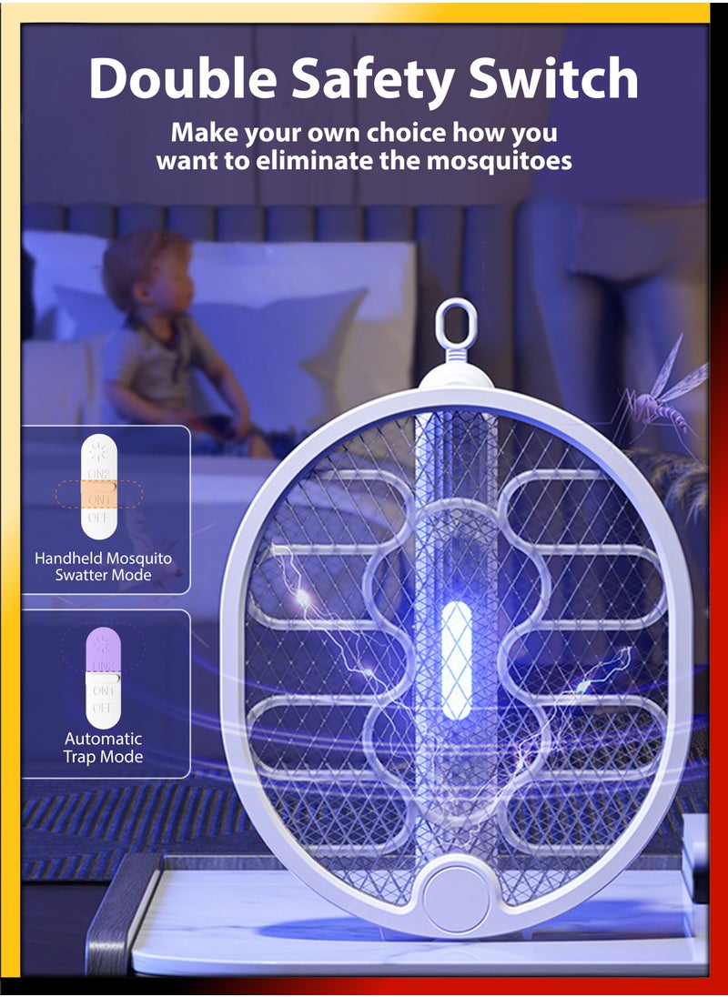 3 In 1 Foldable Handheld Electric Fly Swatter Mosquito Killer Bat Automatic Wall Hanging Mosquitoes Trap Lamp Racket Rechargeable Tabletop Bug Zapper With Grid Mesh for Home and Outdoor Pest Control