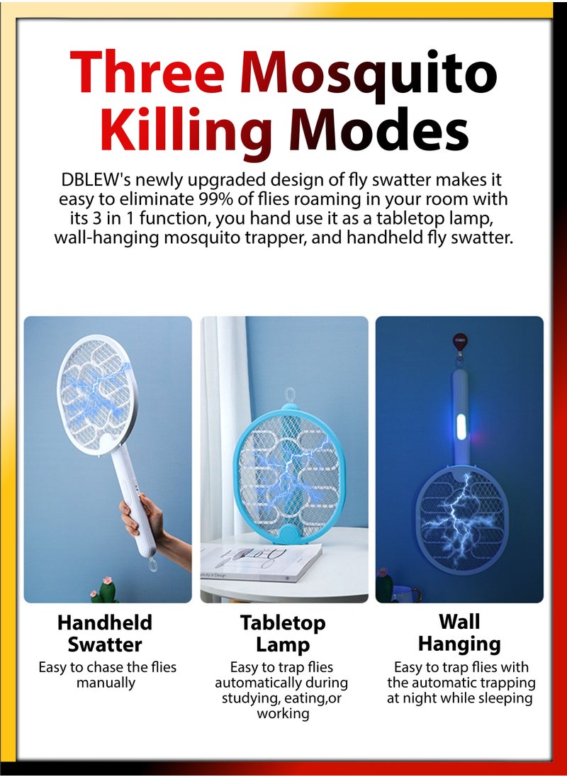 3 In 1 Foldable Handheld Electric Fly Swatter Mosquito Killer Bat Automatic Wall Hanging Mosquitoes Trap Lamp Racket Rechargeable Tabletop Bug Zapper With Grid Mesh for Home and Outdoor Pest Control