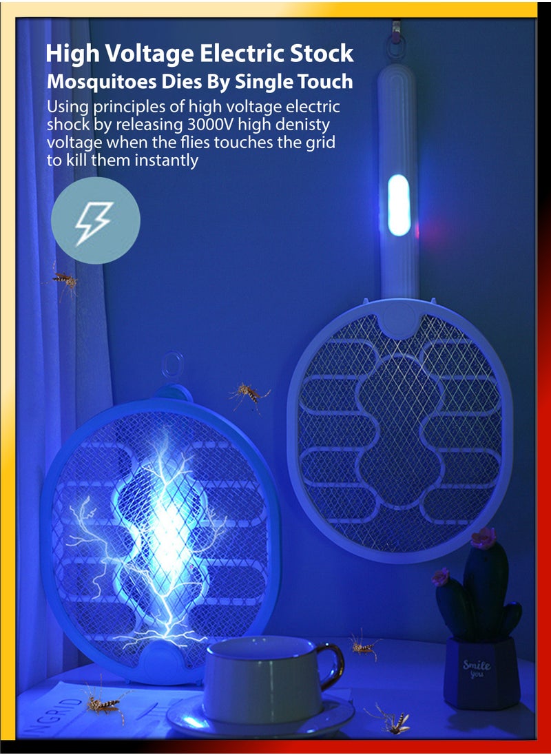 3 In 1 Foldable Handheld Electric Fly Swatter Mosquito Killer Bat Automatic Wall Hanging Mosquitoes Trap Lamp Racket Rechargeable Tabletop Bug Zapper With Grid Mesh for Home and Outdoor Pest Control
