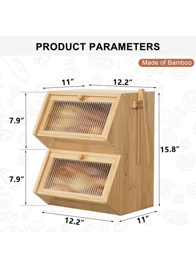 WOWLIVE Double Layer Bread Box for Kitchen Countertop, Large Bamboo Bread Storage Container for Homemade Bread, Farmhouse Bread Holder for Kitchen Counter Cabinet, Pantry, Cupboard (Natural, Medium) - Image 2