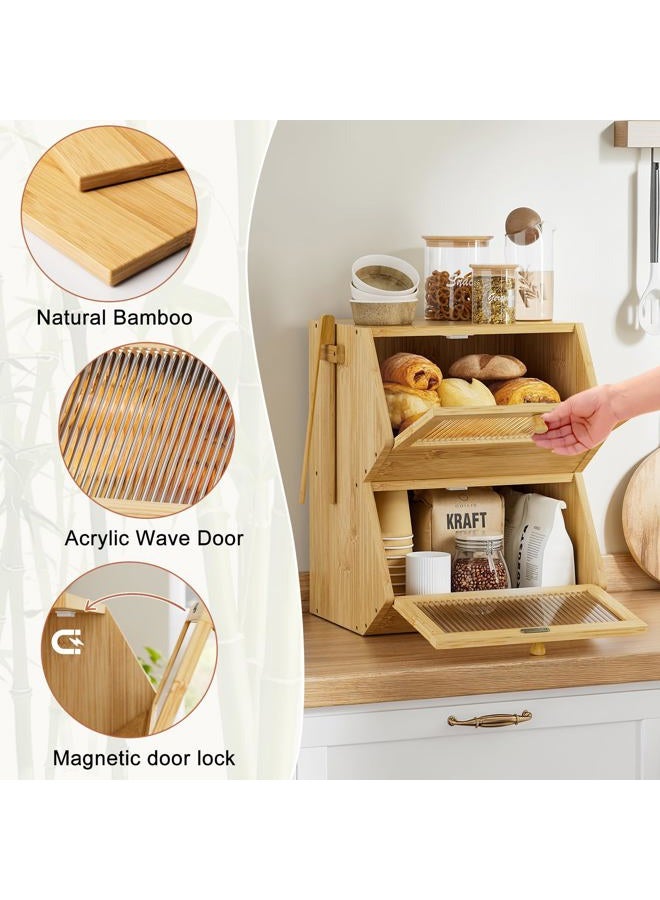 WOWLIVE Double Layer Bread Box for Kitchen Countertop, Large Bamboo Bread Storage Container for Homemade Bread, Farmhouse Bread Holder for Kitchen Counter Cabinet, Pantry, Cupboard (Natural, Medium) - Image 4
