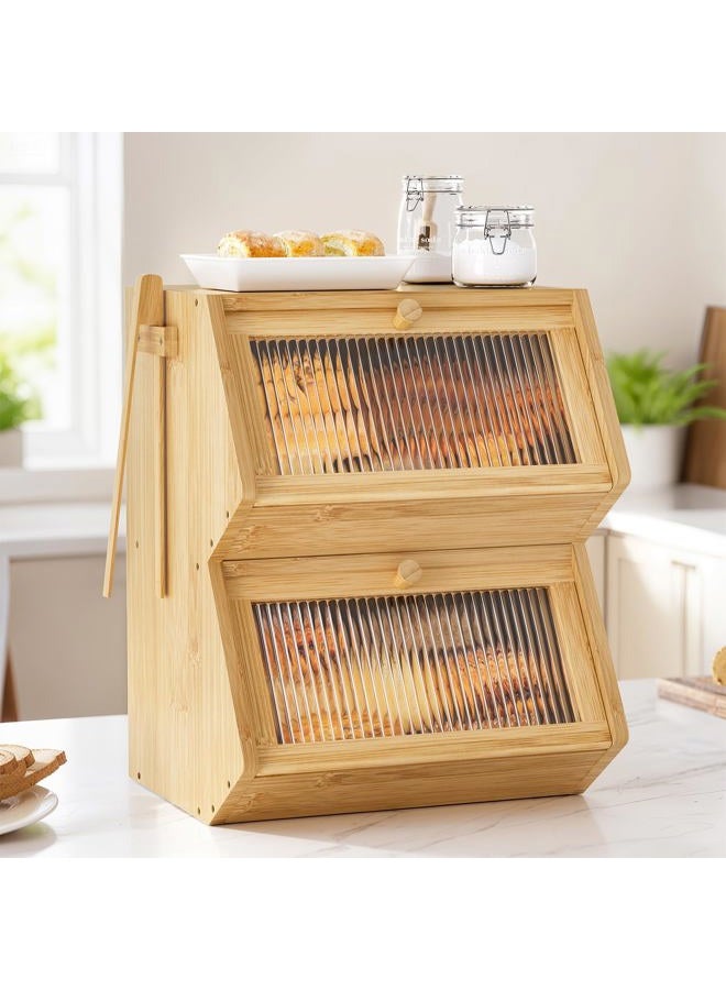 WOWLIVE Double Layer Bread Box for Kitchen Countertop, Large Bamboo Bread Storage Container for Homemade Bread, Farmhouse Bread Holder for Kitchen Counter Cabinet, Pantry, Cupboard (Natural, Medium) - Image 1