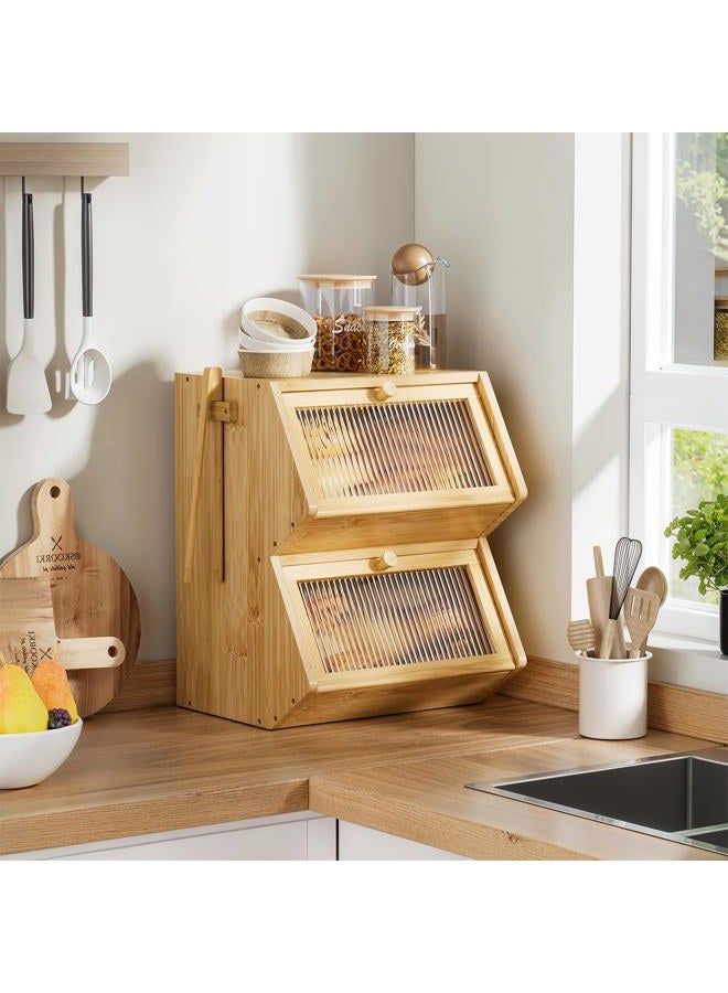 WOWLIVE Double Layer Bread Box for Kitchen Countertop, Large Bamboo Bread Storage Container for Homemade Bread, Farmhouse Bread Holder for Kitchen Counter Cabinet, Pantry, Cupboard (Natural, Medium) - Image 3