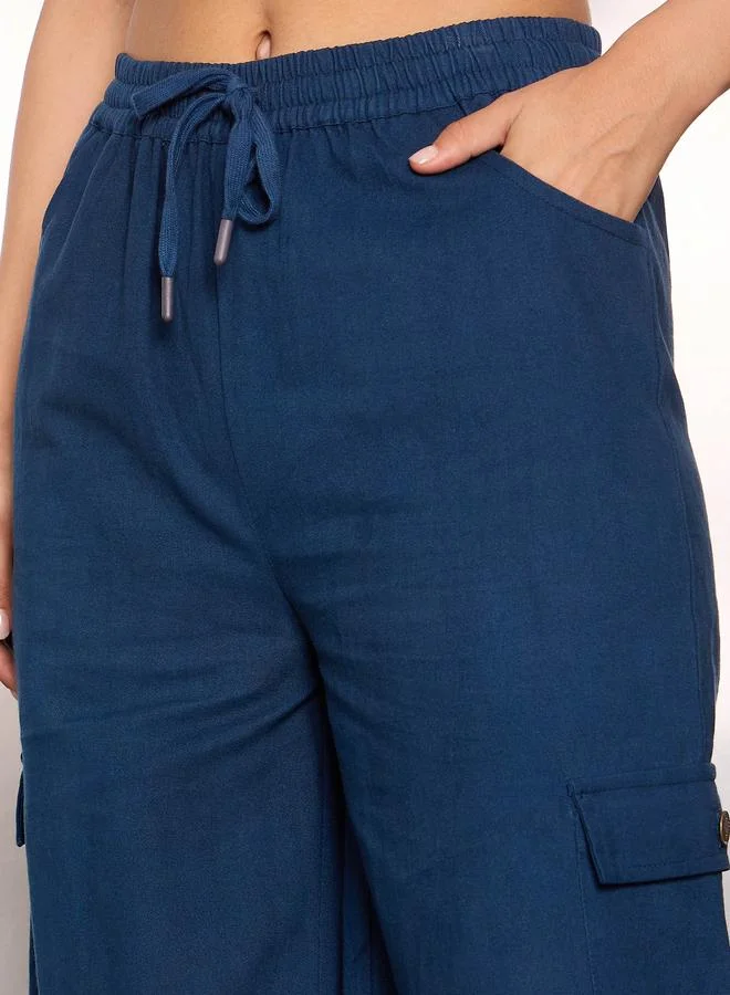SASSAFRAS Sassafras Women Blue Solid Twill Drawstring Cargo Pants