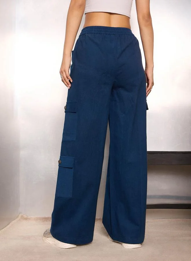 SASSAFRAS Sassafras Women Blue Solid Twill Drawstring Cargo Pants