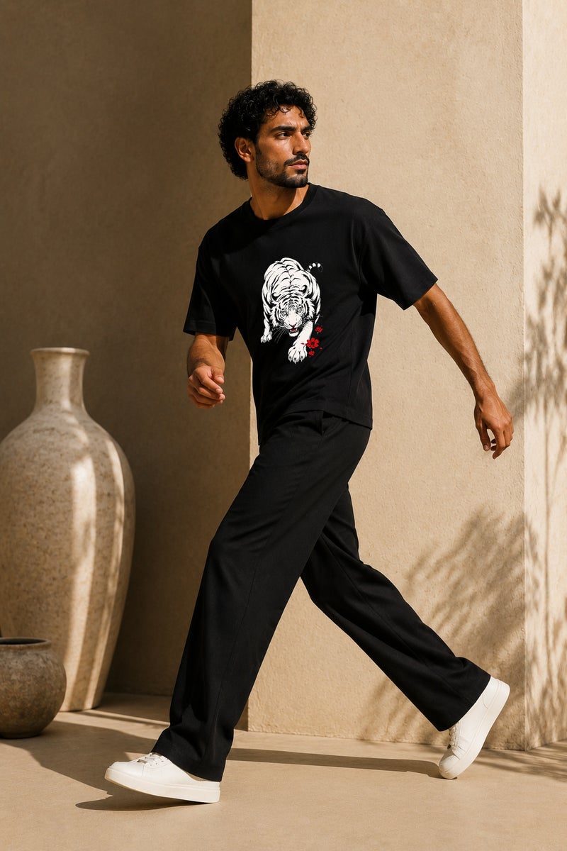Men's Oversized Black Tiger Graphic T-Shirt Casual Short Sleeve Crew Neck Streetwear Tee - Image 3
