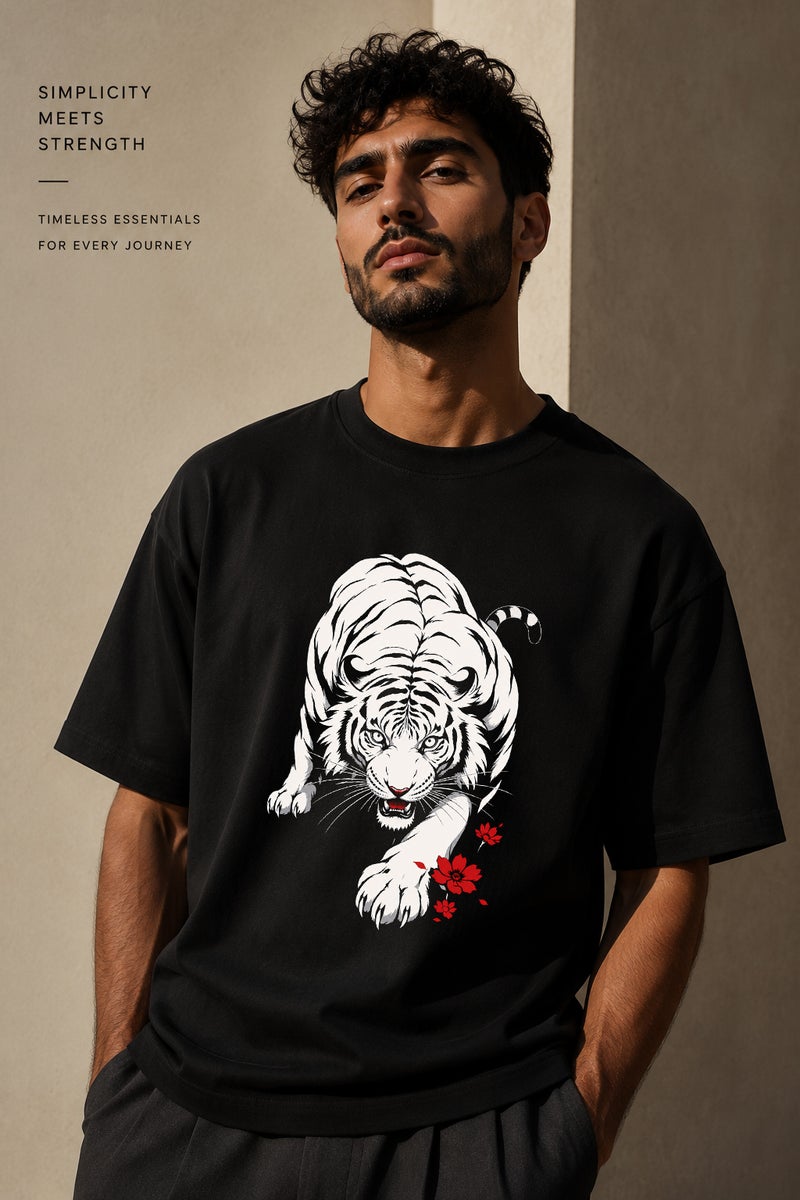 Men's Oversized Black Tiger Graphic T-Shirt Casual Short Sleeve Crew Neck Streetwear Tee - Image 1
