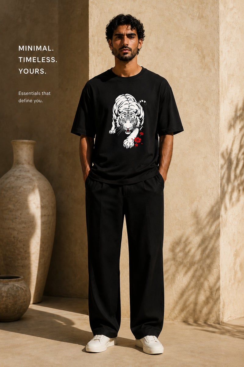 Men's Oversized Black Tiger Graphic T-Shirt Casual Short Sleeve Crew Neck Streetwear Tee - Image 2