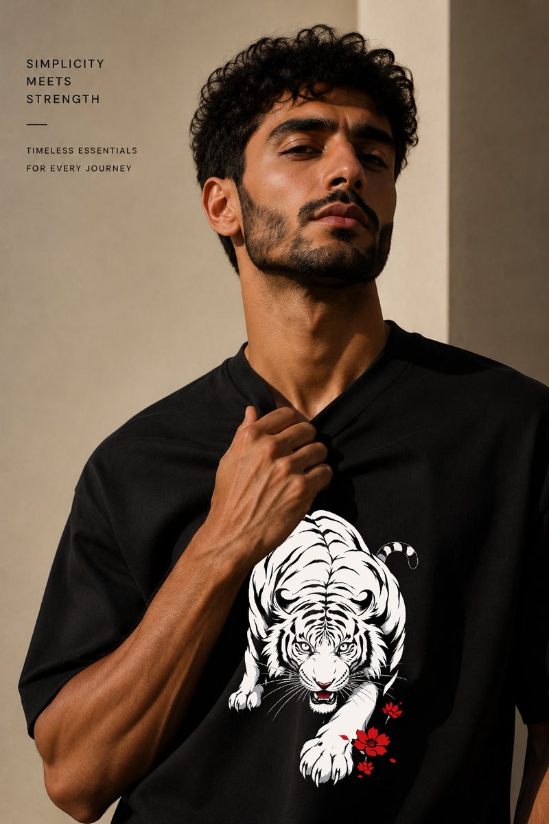 Men's Oversized Black Tiger Graphic T-Shirt Casual Short Sleeve Crew Neck Streetwear Tee - Image 5
