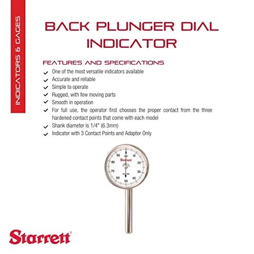 Starrett مجموعة مؤشر قياس دial الشامل من ستاريت مع مكبس خلفي - وجه أبيض، قراءة 0-100، نطاق 200"، تدرج .001"، قطر عمود 1/4" للتثبيت - 196B1 - Image 2
