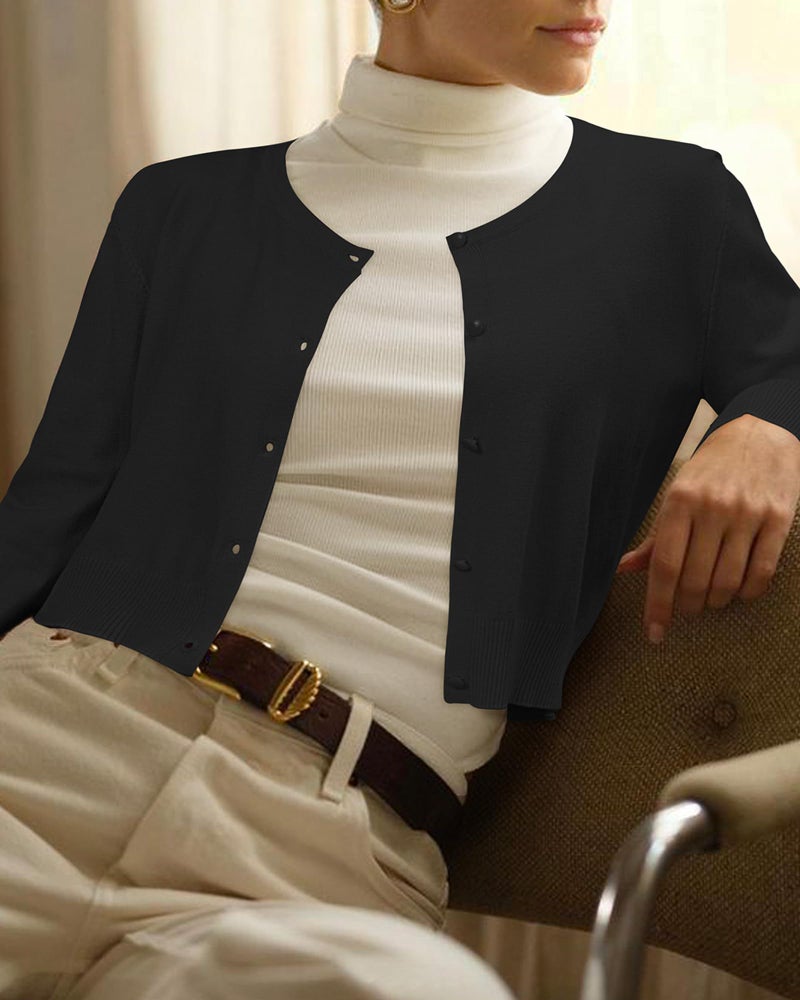 Newshows Cropped Cardigan Sweaters for Women 2026 Crew Neck Button Down Open Front Lightweight Knit Bolero Shrug Sweaters(Black, Small) - Image 3