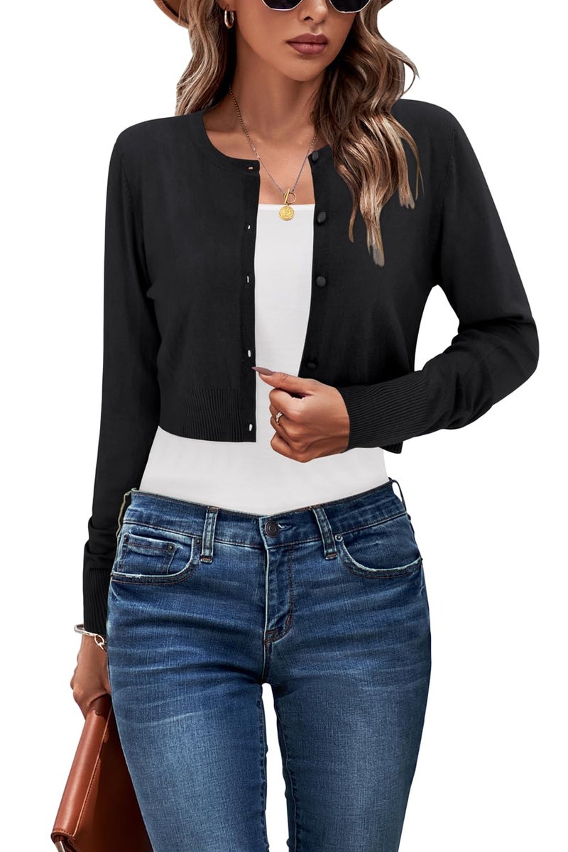 Newshows Cropped Cardigan Sweaters for Women 2026 Crew Neck Button Down Open Front Lightweight Knit Bolero Shrug Sweaters(Black, Small) - Image 1