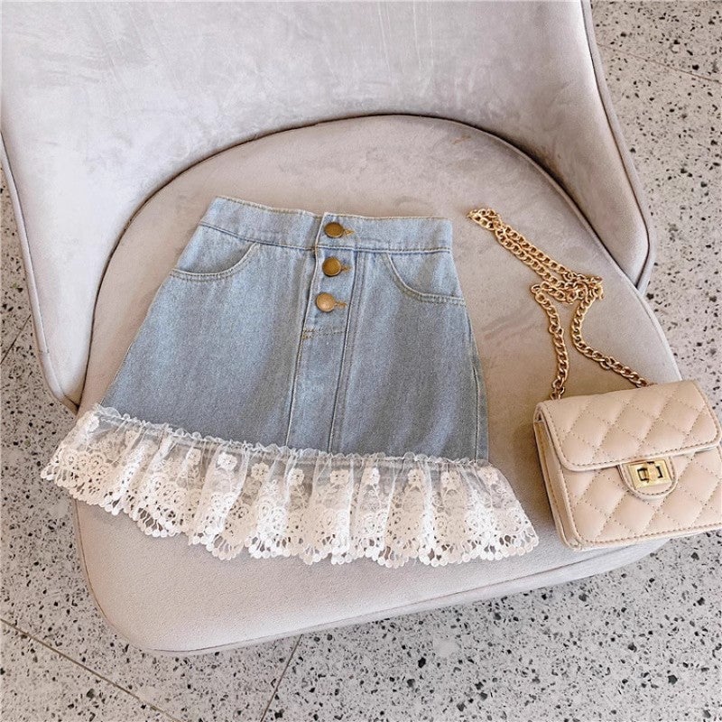 Summer Girl'S Denim Skirt Western-Style Children'S Fishtail Skirt Small And Medium-Sized Children'S Short Skirt Girl'S Lace Hip Skirt - Image 2