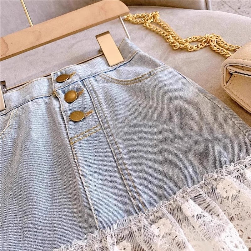 Summer Girl'S Denim Skirt Western-Style Children'S Fishtail Skirt Small And Medium-Sized Children'S Short Skirt Girl'S Lace Hip Skirt - Image 3