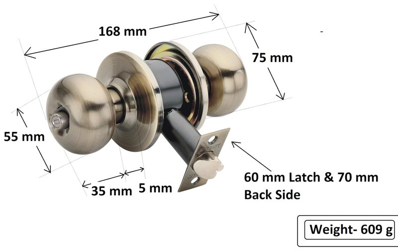 Met Craft SS304 Bathroom Door Knob Lock - Without Key (Keyless) Cylindrical Lock for Bathroom/Balcony/Tubular Door Knob/Handle (Antique Brass, 70 mm Backset) - Image 4