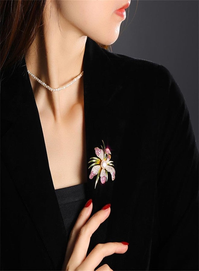 OIDIMS Dainty Flower Cubic Zirconia Brooch Pin for Women Girls Orchid Petal Brooch Wedding Rhinestone Women’s Lapel Pin Suit Dress Accessories Corsage Valentine's Day Birthday Gift for Wife Her (Pink) - Image 2