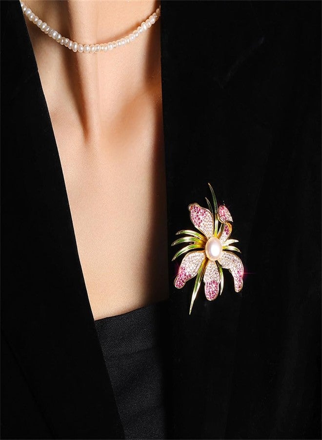 OIDIMS Dainty Flower Cubic Zirconia Brooch Pin for Women Girls Orchid Petal Brooch Wedding Rhinestone Women’s Lapel Pin Suit Dress Accessories Corsage Valentine's Day Birthday Gift for Wife Her (Pink) - Image 3