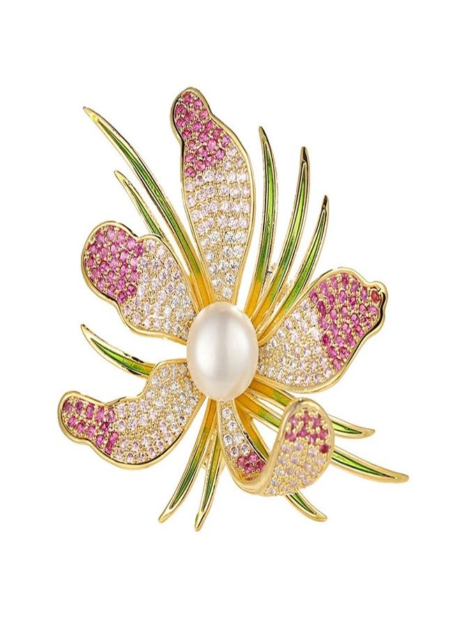 OIDIMS Dainty Flower Cubic Zirconia Brooch Pin for Women Girls Orchid Petal Brooch Wedding Rhinestone Women’s Lapel Pin Suit Dress Accessories Corsage Valentine's Day Birthday Gift for Wife Her (Pink) - Image 1