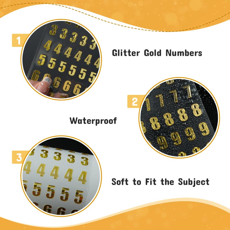 Aixoom 7 Sheets Gold Number Stickers Small Gold Glitter Number Sticker Self Adhesive for Graduation Cap Decoration Gift Scrapbooks Greeting Cards Arts Craft - Image 3